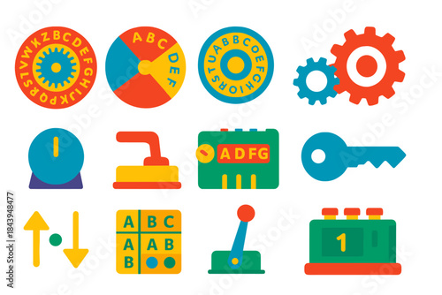 Cipher Tools Icons. Flat vector icons of mechanical and hand-operated cipher tools: cipher disk, rotating wheel, letter dial, gear