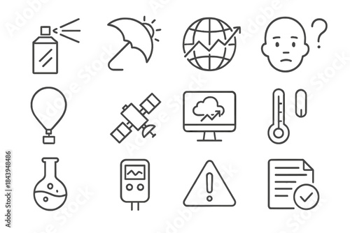 Solar Climate Icons. Line style icons of Solar Radiation Management: Aerosol Sprayer, Sunshade Reflector, Global Temperature,