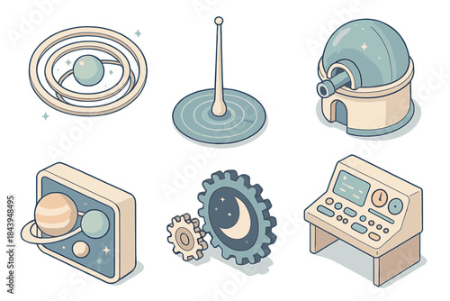 Astral Observatory Icons. Isometric vector illustration set Astral Time Observatory: rotating star rings, cosmic pendulum, glass