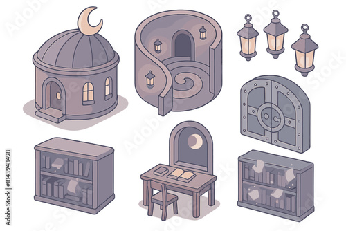 Nocturnal Library Vault. Isometric vector illustration set Nocturnal Library Vault: crescent-shaped building, spiral corridor,