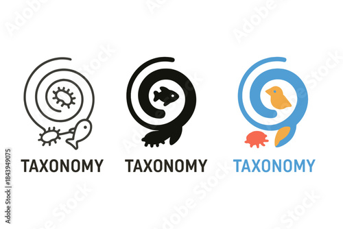 Evolutionary Taxonomy Emblem. Symbolic taxonomy emblem combining spiral evolution path and stylized specimen icons, first in line