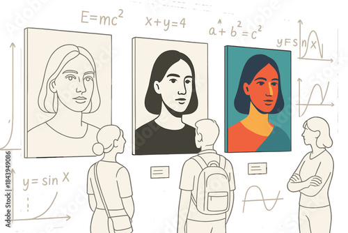 Mathematical Artistry Exhibit. Art exhibit scene merging mathematics and aesthetics through vector-based portraits, first in line