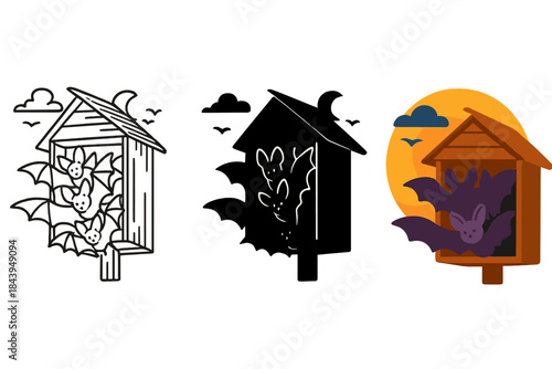 Bats at Dusk. Cluster of bats returning to roost inside wooden shelter at dusk, first in line style with thin outline, second in