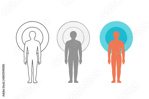 Body Echo Spheres. Minimalist body echo visualization showing layered resonance through transparent spheres, first in line style