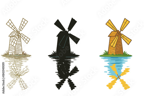 Wind Pump Reflections. Old wooden wind pump with turning blades reflecting on calm water, first in line style with thin outline,