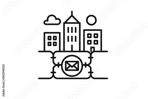 Pneumatic Cityscape Icon. Line style icon of a cityscape with visible pneumatic tube network, representing pneumatic citizen mail,