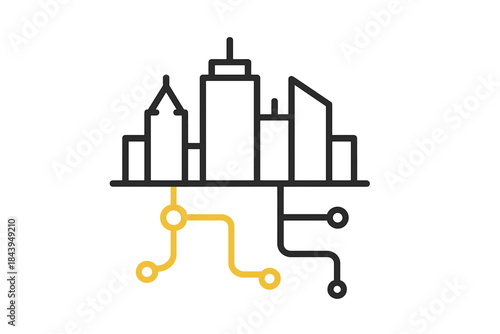 City Skyline Blueprint. Line style icon of a city skyline with highlighted underground pathways beneath, representing subcutaneous