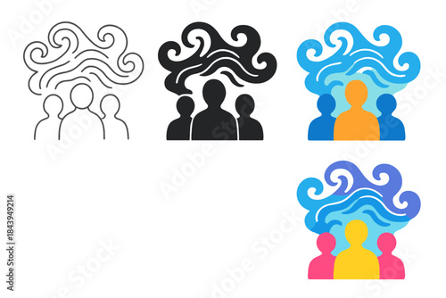 Shared Imagination Swirls. Abstract group of figures surrounded by swirling waves of imagination, shared delusion concept, modern