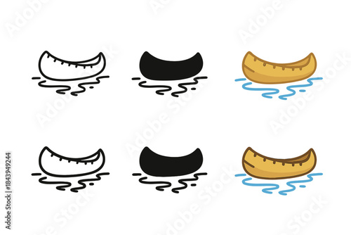 Canoe Reflection Styles. Floating birch bark canoe with subtle reflection in water, abstract minimal icon, first in line style