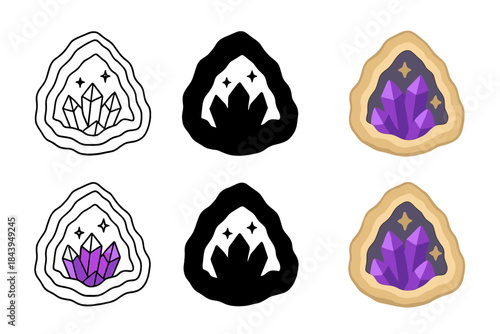 Geode Core Variations. Split geode revealing sparkling amethyst-like core, abstract minimalist vector, first in line style with