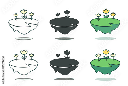 Floating Lily Pad World. Floating lily pad world with subtle shadow and tiny flowers, clean minimal vector illustration, first in