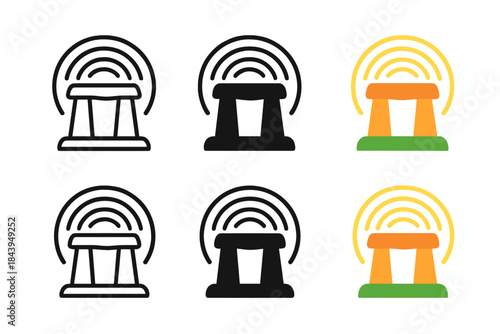 Megalithic Energy Patterns. Megalithic hall with radiating resonance energy patterns, abstract minimal vector icon, first in line