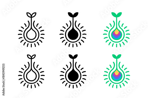 Radiant Energy Bulb. Underground bulb with radiant psychotropic energy and tiny sprouts, abstract minimal vector icon, first in