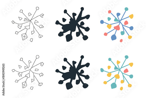 Quantum Fragment Artistry. Sculptural network of tiny quantum fragments spreading outward, abstract minimal vector design, first
