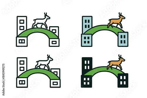 Green Rooftop Walkway. Green rooftop walkway connecting city buildings with wildlife movement, simple minimal vector icon, first