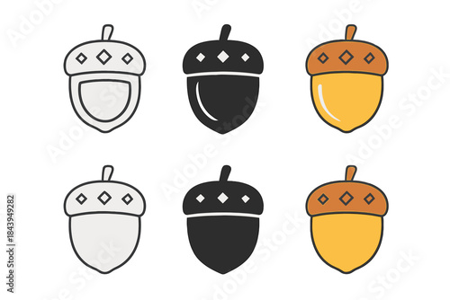 Stylized Acorn Icons. Acorn with hollowed cap and small decorative details, clean geometric minimal icon, first in line style with