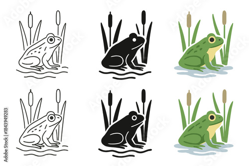 Abstract Marsh Frog. Marsh frog among tall cattail plants with subtle ripples in water, abstract minimal vector design, first in