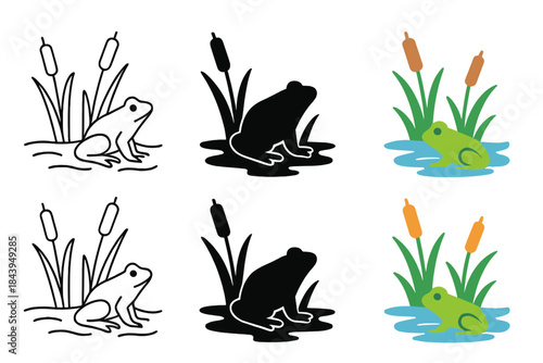 Cattail Marsh Frog Silhouette. Cattail marsh with frog silhouette and gentle water surface, minimal vector design, first in line