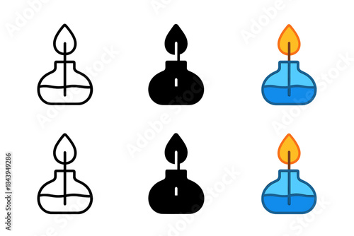 Minimal Flame Icons. Wick extending from oil reservoir with tiny flame at tip, clean geometric minimal icon, first in line style