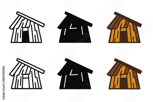 Tribal Hut Icon Designs. Scrap timber tribal hut with slanted roof and simple doorway, simple minimal vector icon, first in line
