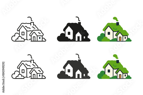 Mossy Cottage Designs. Tiny community of cottages with thick moss layers on rooftops, abstract minimal vector design, first in