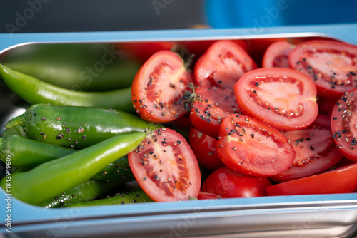 Fresh Cherry Tomatoes and Green Chili Peppers with Black Pepper Seasoning