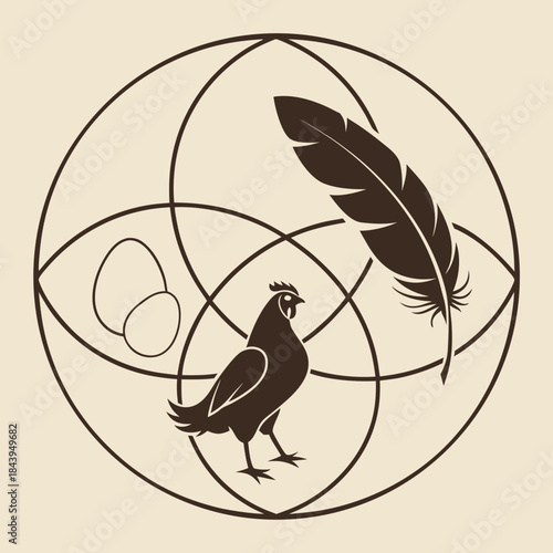 Title: Poultry Farm Emblem and Egg Production Symbol: Chicken, Feather, and Eggs in Geometric Circle