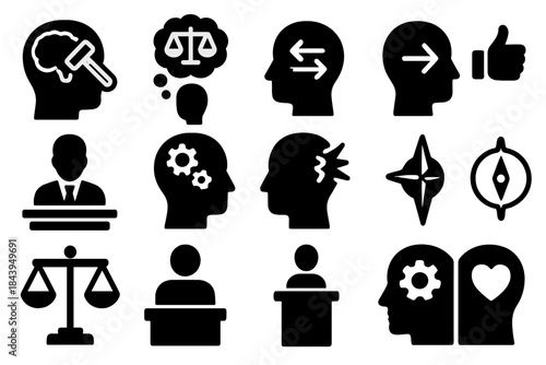 Legal Psychology Icons. Solid style icons of legal psychology: brain with gavel, justice thought bubble, influence arrows,