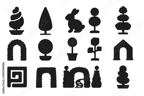 Topiary Icon Collection. Solid style icons of topiary: spiral shrub, cone-shaped bush, animal-shaped hedge, tiered tree,