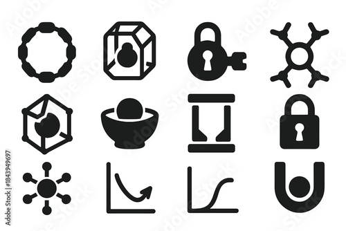 Host-Guest Complex Icons. Solid style icons of host-guest complexes: macrocyclic ring, guest molecule inside cage, molecular