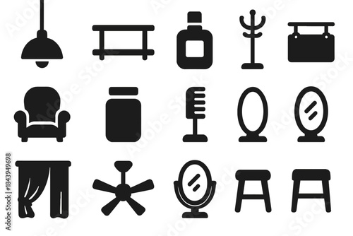Shop Icon Set. Solid style icons of Shop Atmosphere: Hanging Lamp, Wooden Shelf, Cologne Bottle, Coat Rack, Chair, Jar, Comb Stand