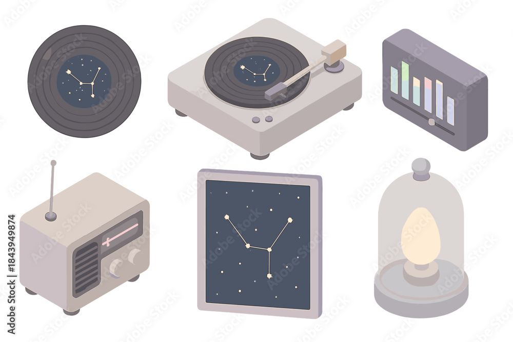 Fototapeta premium Stellar Audio Isometric. Isometric vector illustration set of Stellar Audio Studio: vinyl record with constellation label,