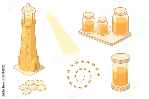 Golden Hive Observatory. Isometric vector illustration set Golden Hive Observatory: tall honey tower, beam of sunlight, honey jars