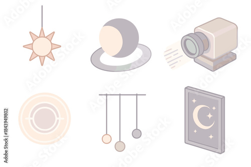 Eclipse Decoding Room. Isometric vector illustration set Eclipse Decoding Room: hanging sun model, moon shadow arc, code projector
