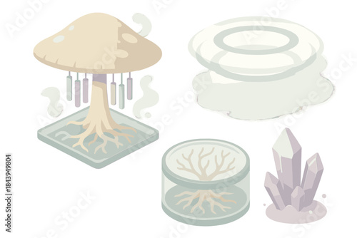 Spore Song Observatory. Isometric vector illustration set Spore Song Observatory: giant mushroom cap, suspended chime tubes,