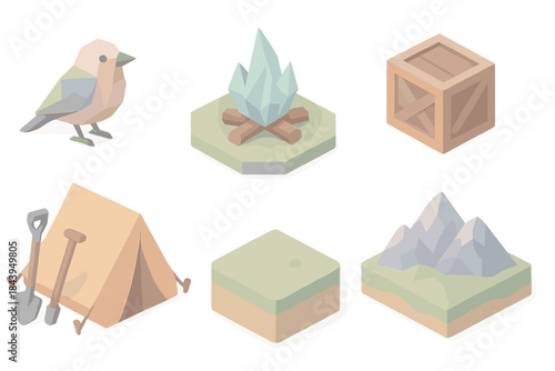 Polygonal Wilderness Camp. Isometric vector illustration set Polygonal Wilderness Camp: tent with tools, low-poly bird companion,