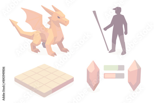 Polygon Beast Arena. Isometric vector illustration set Polygon Beast Arena: angular dragon figure, trainer silhouette, battle