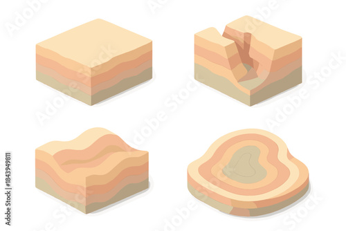 Folded Earth Layers. Isometric vector illustration set Folded Earth Layers: geological paper strata, canyon cross-section, pastel
