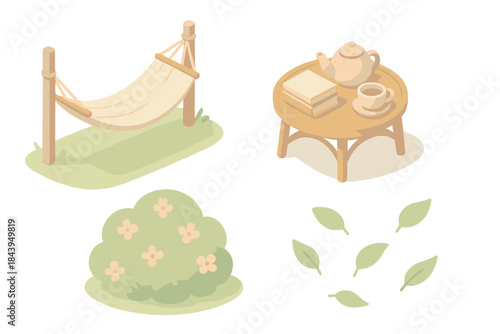 Lazy Garden Noon. Isometric vector illustration set Lazy Garden Noon: backyard hammock, wicker table with tea, paperback stack,