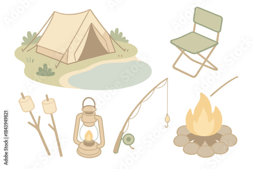 Camping by Lake. Isometric vector illustration set of Camping by the Lake: tent near water, folding chair, fishing rod,