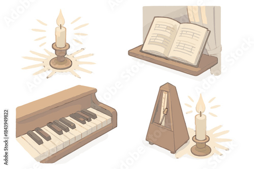 Candlelit Piano Chamber. Isometric vector illustration set Nocturne Candle Chamber: piano keys under candlelight, flickering