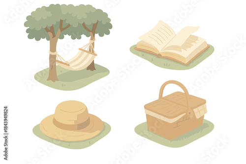 Garden Reading Retreat. Isometric vector illustration set Garden Reading Retreat: fabric hammock under tree, book pages fluttering