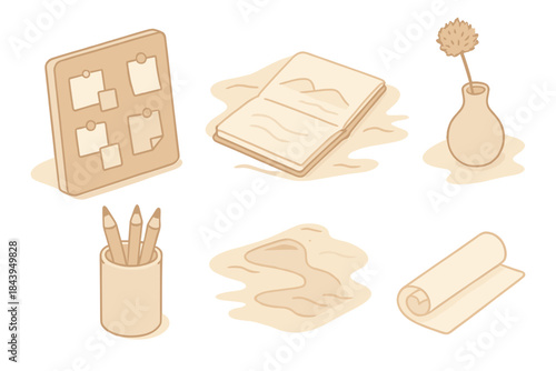 Desert Studio Elements. Isometric vector illustration set of Desert Studio Atmosphere: magnet board leaning on wall, sketchbook