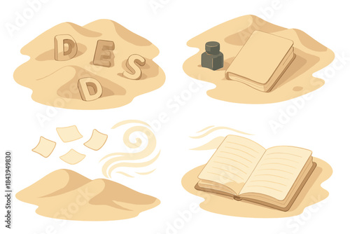 Desert Wordscape Illustrations. Isometric vector illustration set of Desert Wordscape: sand dunes with magnetic letters,