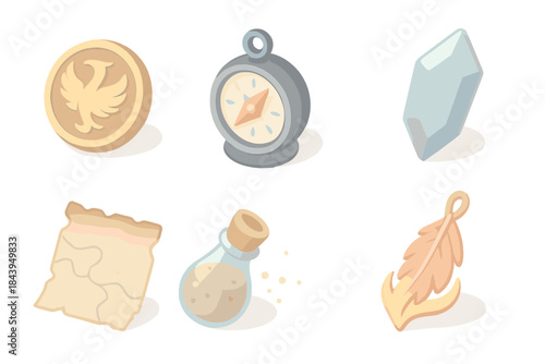 Firebird Wayfinder Icons. Isometric vector illustration set of Firebird Wayfinder Symbols: phoenix medallion, ash dust vial,