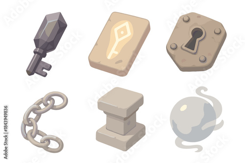 Mystic Key Relics. Isometric vector illustration set of Mystic Key Relics: obsidian crystal key, glowing rune tablet, ancient lock