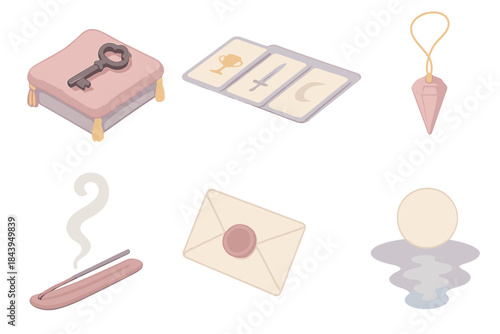Oracle's Mystical Table. Isometric vector illustration set of Oracle’s Table: obsidian key on velvet cloth, tarot spread layout,