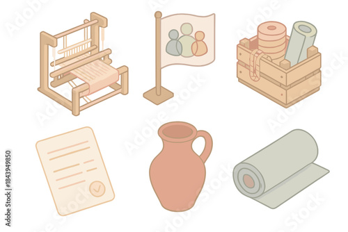 Local Craft Icons. Isometric vector illustration set of Local Craft Economy: handloom machine, cooperative banner, wooden crate of