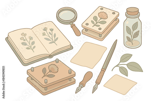 Vintage Botanical Studio. Isometric vector illustration set of Vintage Botanical Studio: open sketchbook with plant drawings,