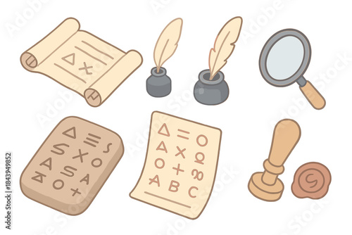 Linguistic Archive Icons. Isometric vector illustration set of Ancient Linguistic Archive: open grammar scroll, quill pen and ink